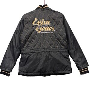 Evisu Jacket Womens Medium Black Quilted Bomber Full Zip‎ Pockets Embroidered